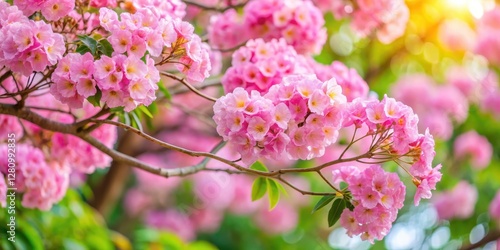 Pink Tabebuia rosea flowers in full bloom, lush green foliage background, floral arrangement