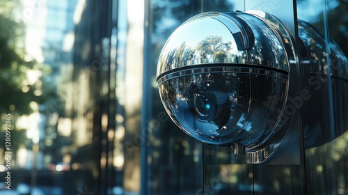 A modern security camera mounted on a reflective glass building, capturing the urban environment in a sleek, technological design.