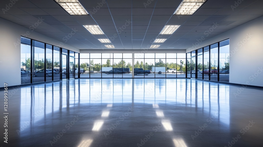 Fototapeta premium An empty car dealership with sleek showroom floors and ample space. Featuring spaciousness and potential