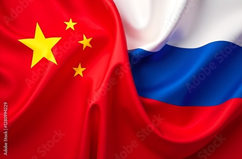 Beautiful Drapery China and Russia Flag background. Drape texture Chinese and Russian Flag fabric background. China Russia president meeting theme. 