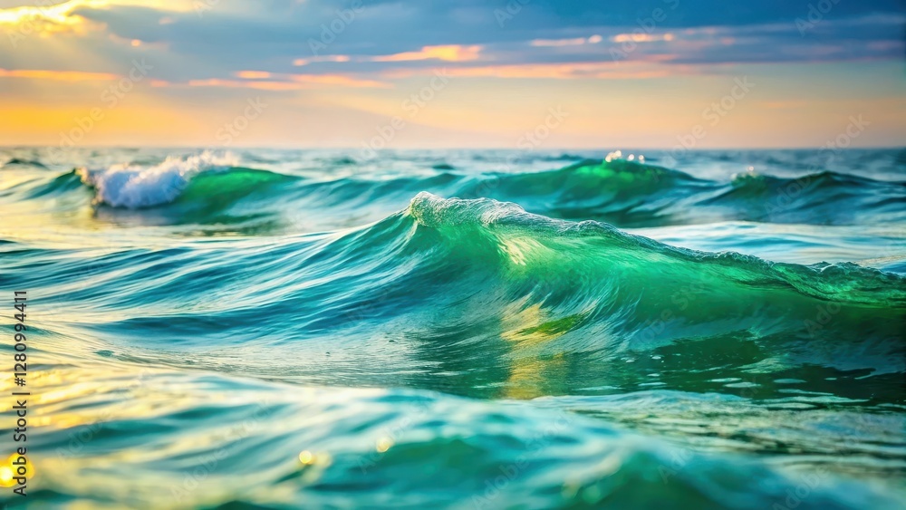 Obraz premium Dreamy ocean waves in soft focus with hues of blue and green, subtle ripples and foam on the surface , green, serene , green, serene