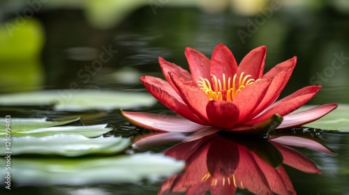 Vibrant red water lily blooming on tranquil pond