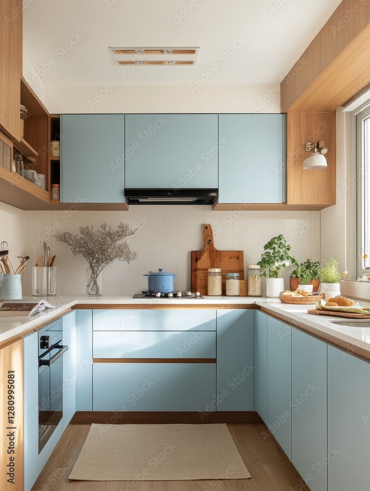 Fototapeta premium This modern kitchen showcases a light blue Ushaped layout