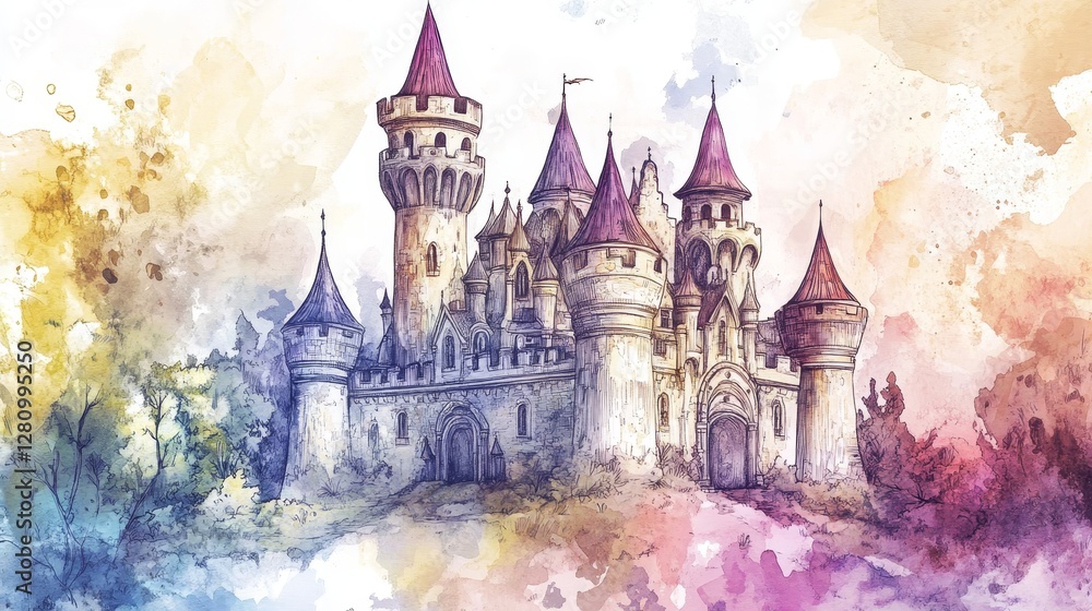 Obraz premium Fantasy Castle in Watercolor Style with Vibrant Color Splashes