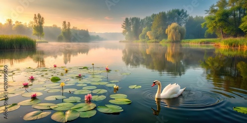 Fototapeta Naklejka Na Ścianę i Meble -  Serene lake scene with water lily and swan in the distance, flora, water lilies,  flora, water lilies