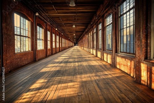 Wallpaper Mural A spacious corridor features large windows and polished wooden floors, showcasing a bright and inviting atmosphere within the building. Torontodigital.ca