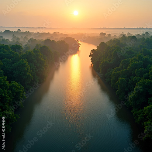 Der Amazonas bei Sonnenaufgang, das Wasser reflektiert die ersten Sonnenstrahlen, umgeben von dichtem Dschungel.   photo