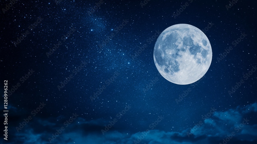 Full moon illuminating starry night sky with dark clouds below Full moon illuminating starry night sky with dark clouds below