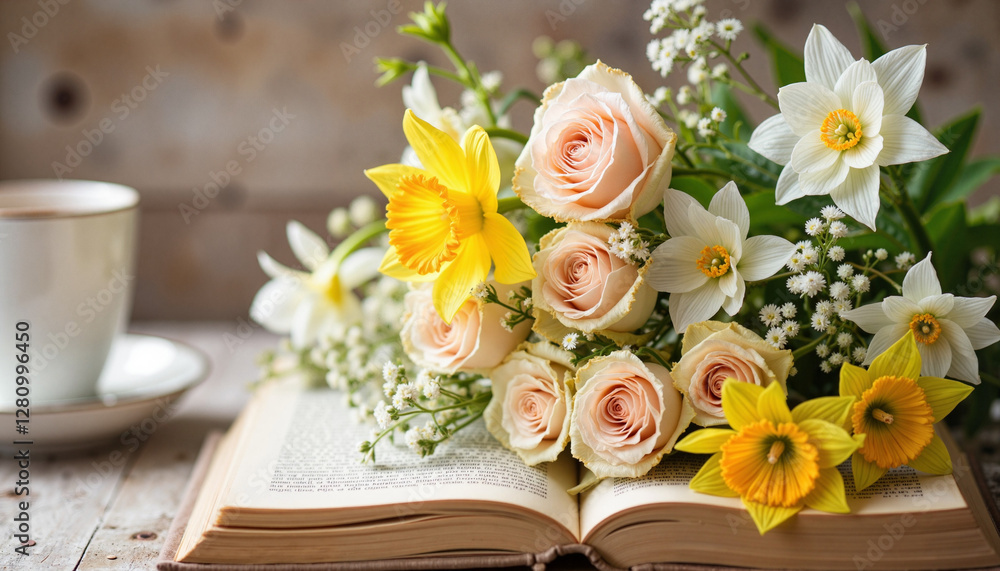 Fresh bouquet of roses and daffodils on an open book, anniversary, International Women's Day, Mother's Day, Knowledge Day, wedding bouquet Fresh bouquet of roses and daffodils on an open book, anniversary, International Women's Day, Mother's Day, Knowledge Day, wedding bouquet