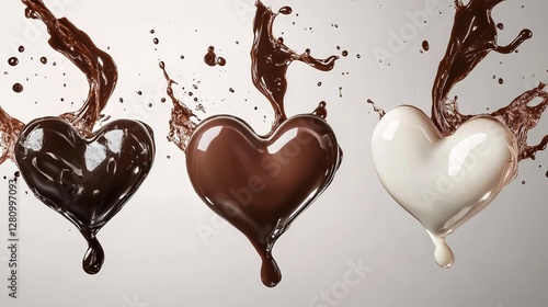 Set of three heart-shaped chocolate and milk drops isolated on a transparent background, cutout, PNG file, vector illustration for design, close-up.