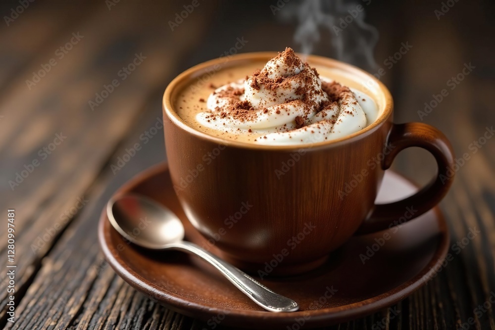 Wooden cup filled with luxurious hot chocolate, stylish mug, luxurious hot chocolate Wooden cup filled with luxurious hot chocolate, stylish mug, luxurious hot chocolate