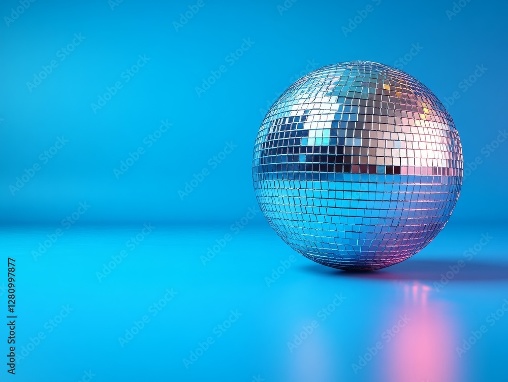 Fototapeta premium Light Up the Night: Sparkling Disco Ball on a Vibrant Blue Background, Ready for Parties and Celebrations, Reflecting Light and Fun