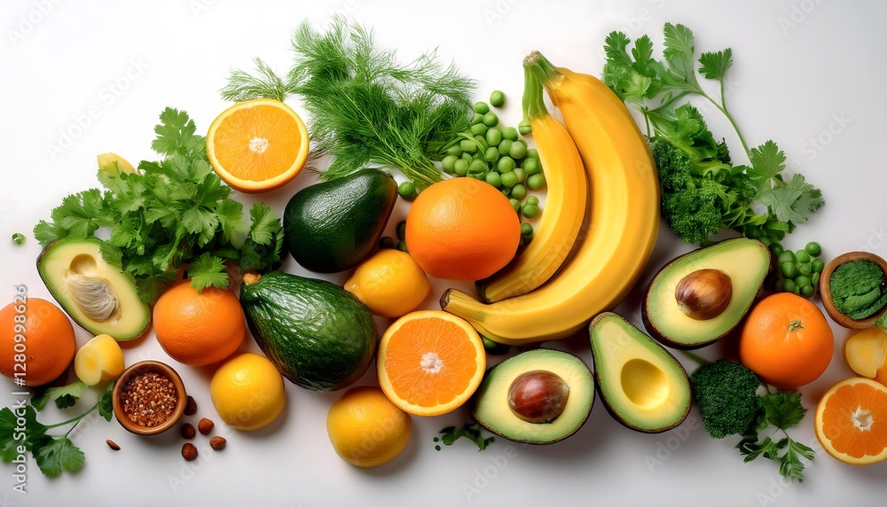 a variety of fresh fruits and vegetables beautifully arranged on a white table. a variety of fresh fruits and vegetables beautifully arranged on a white table.