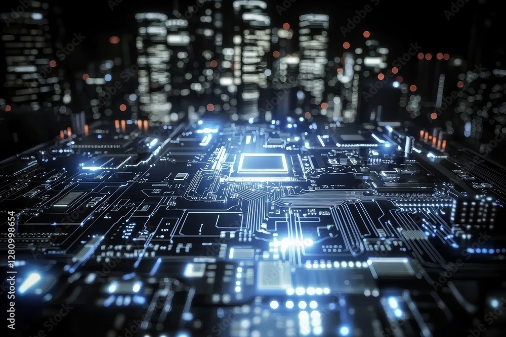 Fototapeta premium A futuristic metropolis of microchips is depicted in a 3D illustration, symbolizing the background of computer science and information technology in a sci-fi setting