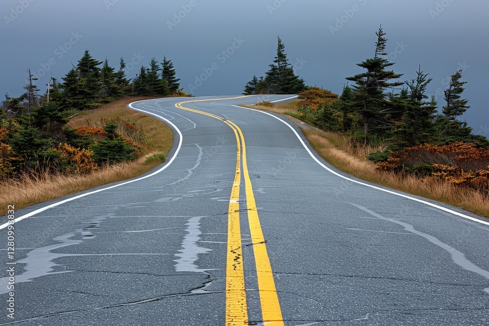 Naklejka premium A road with yellow lines and trees in the background