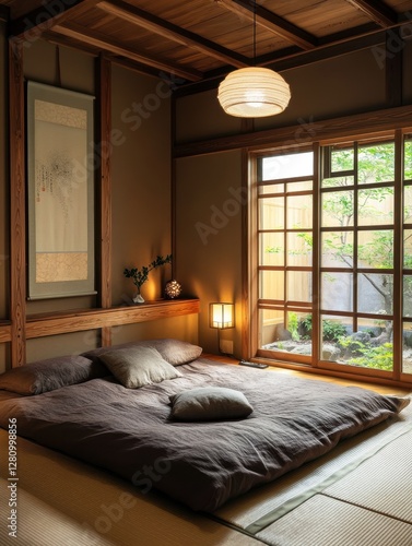 A traditional room with a tatami mat and cushions