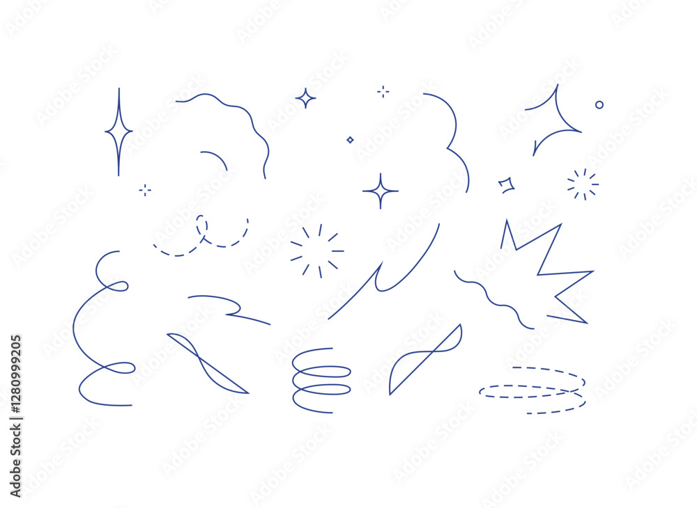 Star line doodle design elements drawing with blue on white background