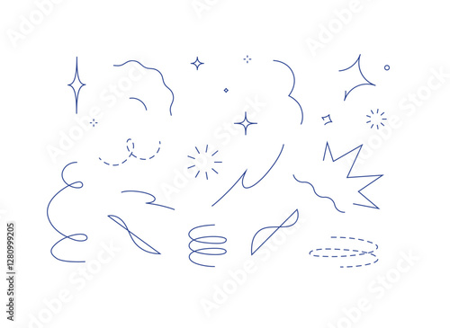 Star line doodle design elements drawing with blue on white background