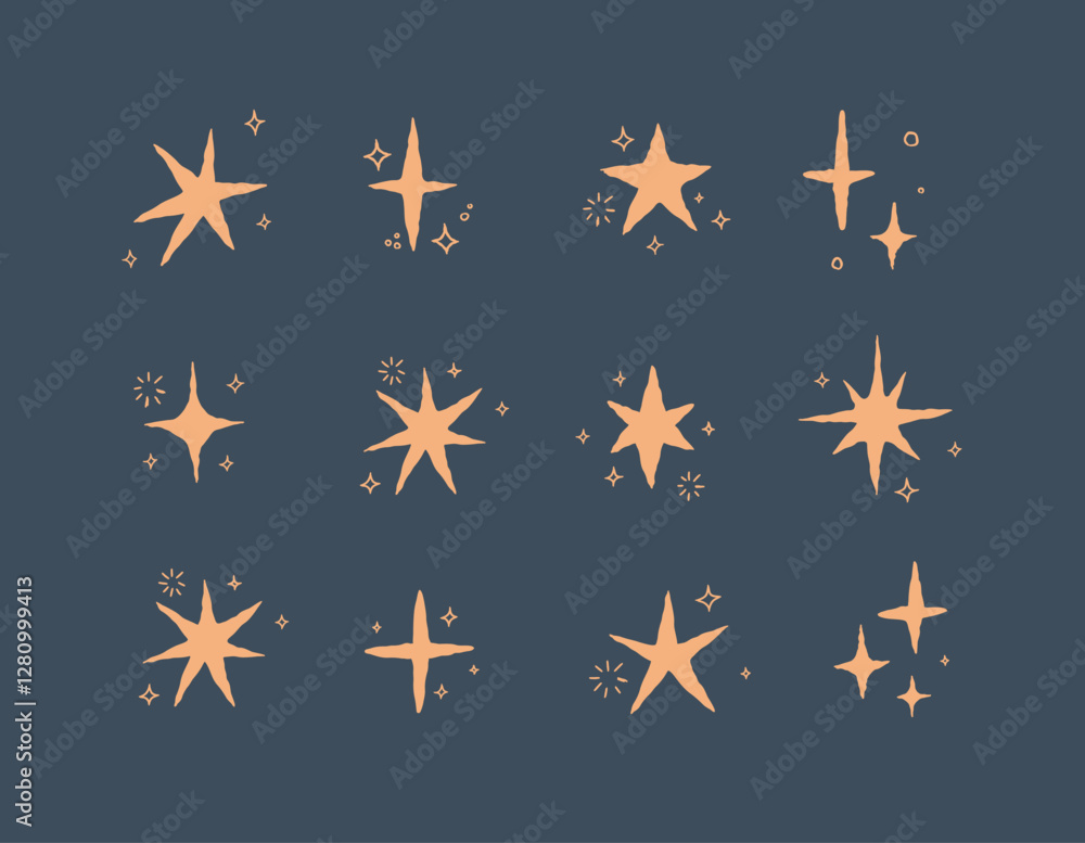 Star shapes with elements in doodle style drawing with beige on blue background