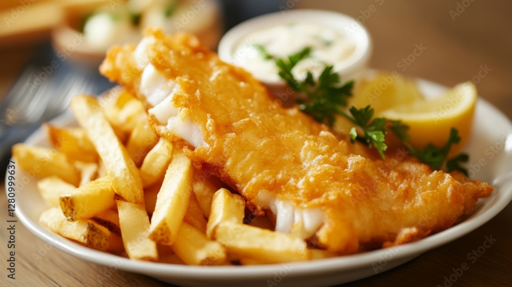 Crispy golden fish and chips with lemon wedge and tartar sauce on plate Crispy golden fish and chips with lemon wedge and tartar sauce on plate