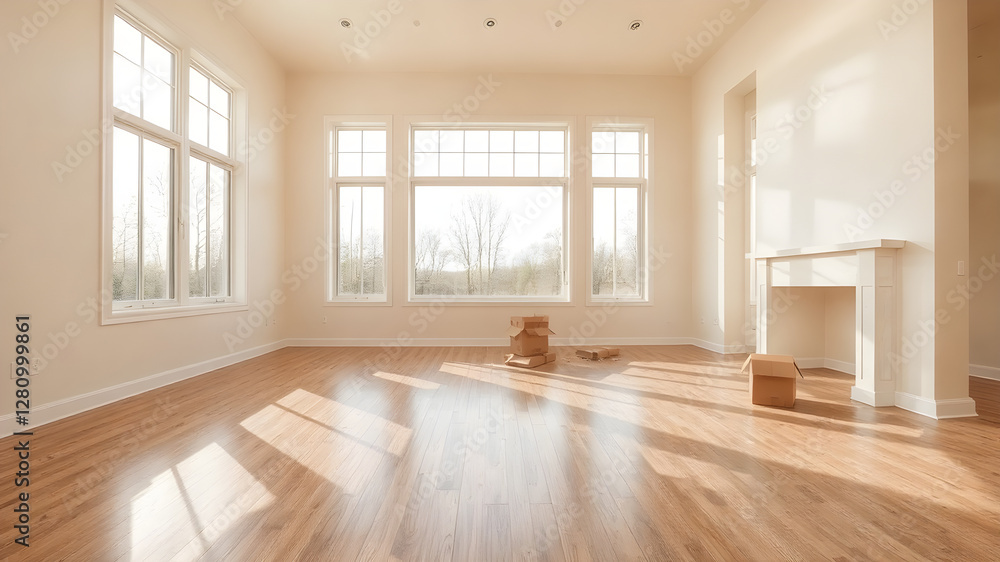 Fototapeta premium A spacious, empty living room in a modern house with large windows and wooden floors. Sunlight streams through the windows, casting soft shadows. A few scattered moving boxes suggest a fresh start.