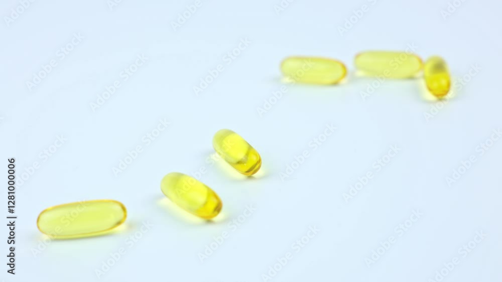 A vibrant yellow capsule displayed prominently on a light and airy background, perfect for health and wellness themes A vibrant yellow capsule displayed prominently on a light and airy background, perfect for health and wellness themes
