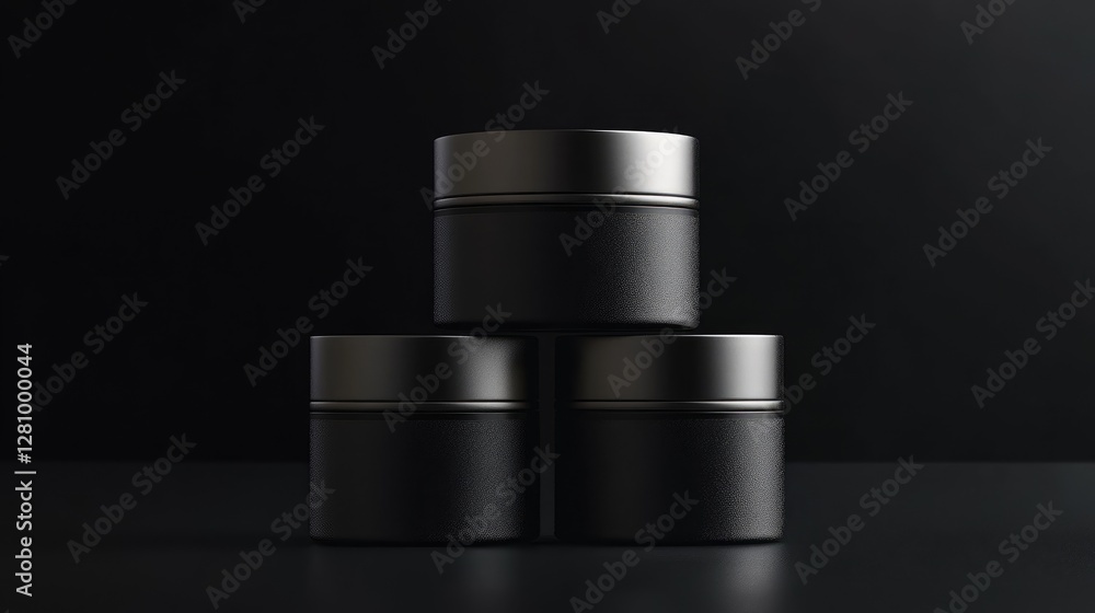 Minimalist matte black packaging with metallic silver branding, set against a dark background Minimalist matte black packaging with metallic silver branding, set against a dark background
