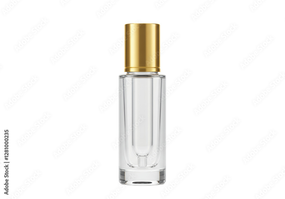 Isolated Empty Clear Glass Perfume Bottle with Gold Cap Isolated Empty Clear Glass Perfume Bottle with Gold Cap