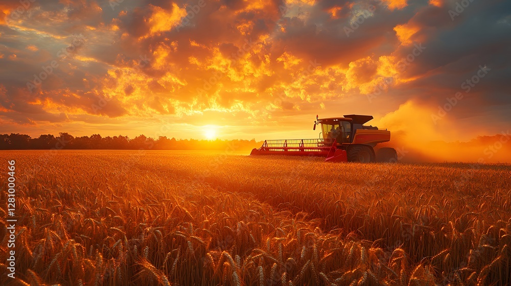 Fototapeta premium Sunset Wheat Harvesting with Combine Harvester in Golden Field design, Summer Agriculture Scene, Rural Farm Landscape design,