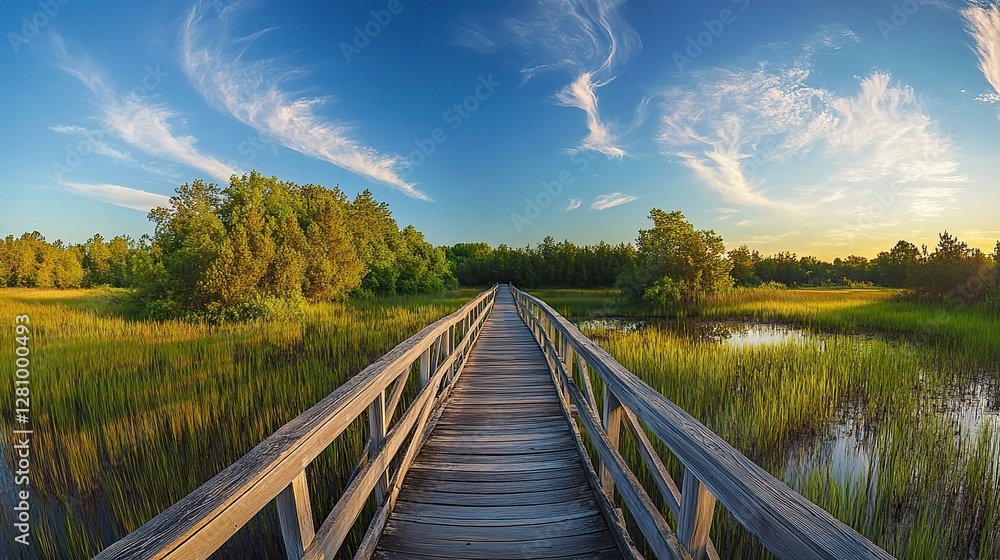 Fototapeta premium Serene wooden bridge over a swamp at sunrise, leading to an open field with green grass and trees, showcasing a summer landscape under a blue sky. Wide-angle perspective of a tranquil natural scene.