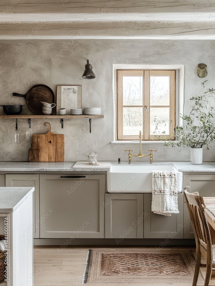 Fototapeta premium The kitchen with a minimalist farmhouse aesthetic design