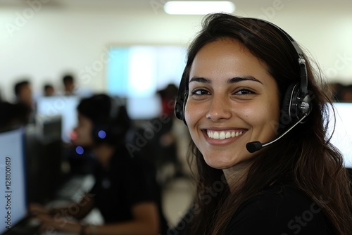 Wallpaper Mural A female call-center agent with a friendly smile and a headset assists customers on a support hotline in an office setting Torontodigital.ca