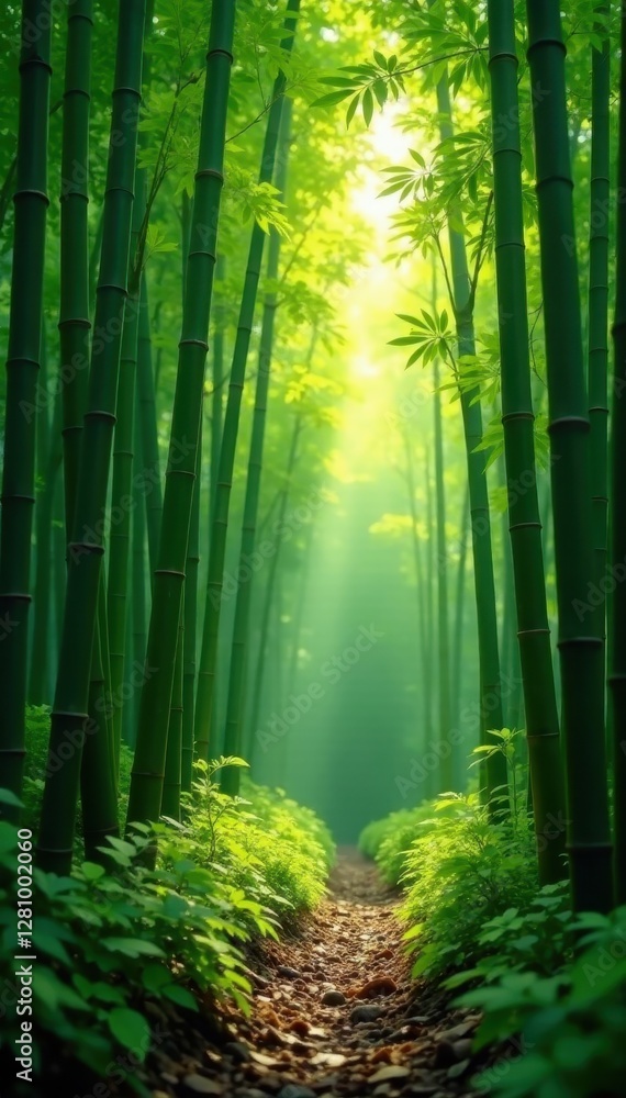 Serene green bamboo stalks, sunlight dappled, deep forest, sunlight, scenic