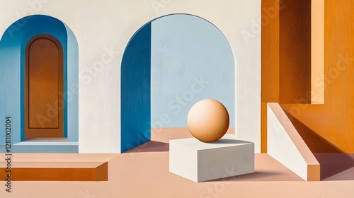 Abstract Geometric Interior with Sphere Minimalist Art