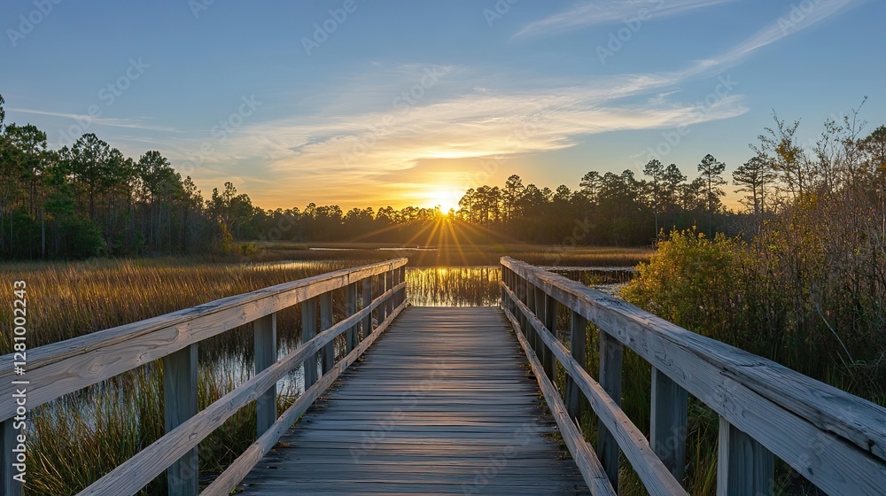 Naklejka premium Serene wooden bridge over a swamp at sunrise, leading to an open field with green grass and trees, showcasing a summer landscape under a blue sky. Wide-angle perspective of a tranquil natural scene.