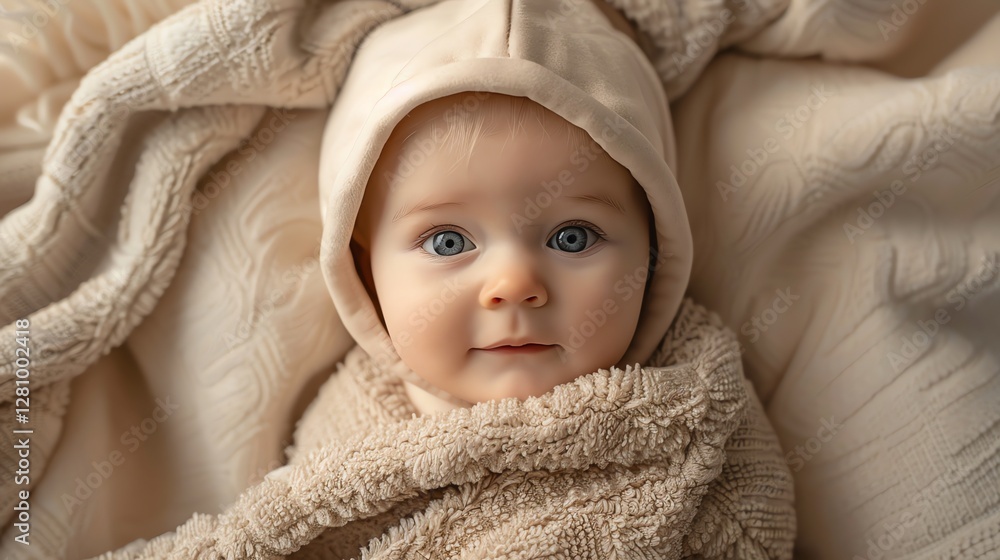 A baby with big blue eyes peeks out from under a white blanket. A baby with big blue eyes peeks out from under a white blanket.
