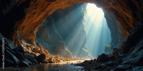 Vast Son Doong Cave interior, sunlight illuminating massive formations, cave, explore, geology