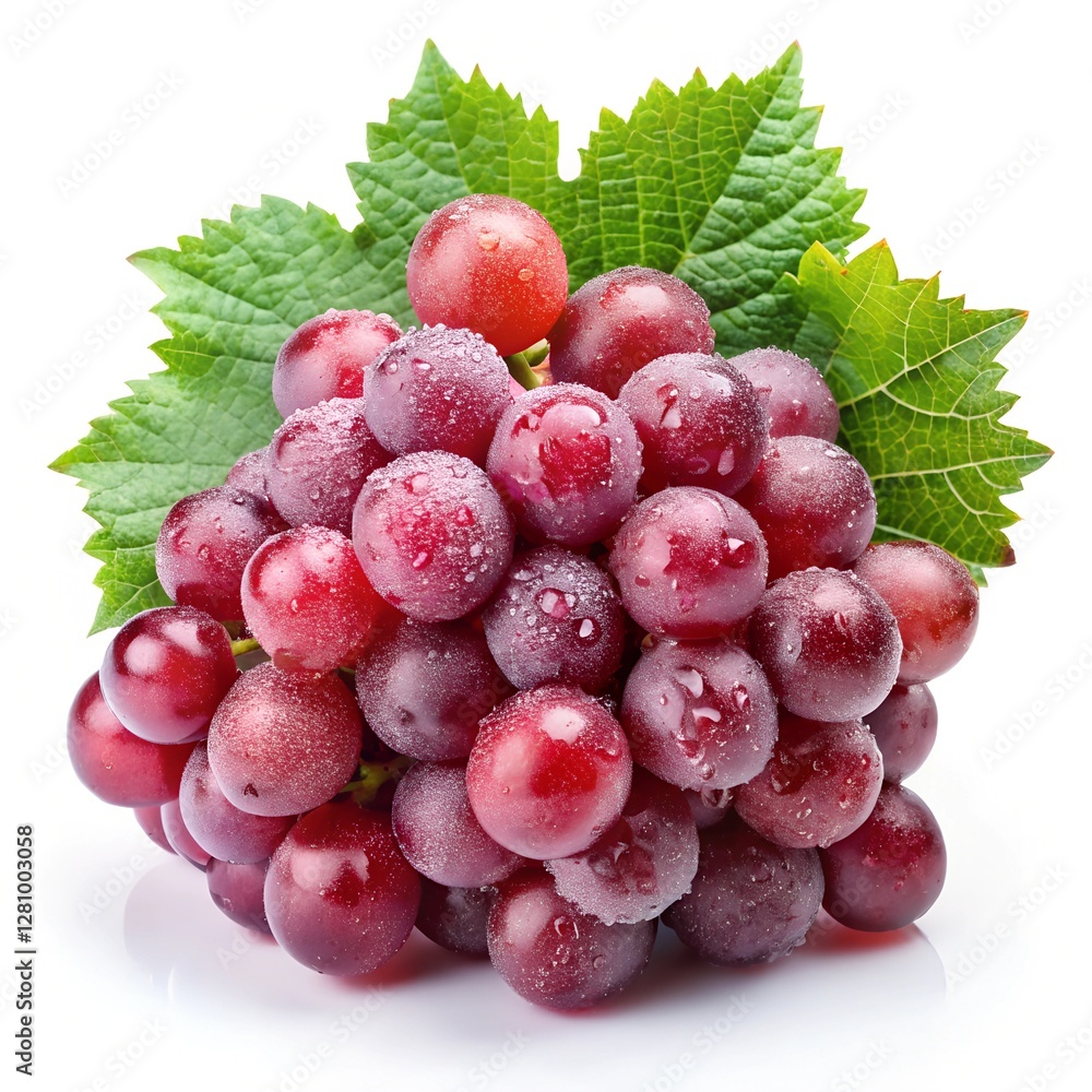 Fototapeta premium Small bunch of red table grape with grape leaves covered with water drops isolated on white background. 