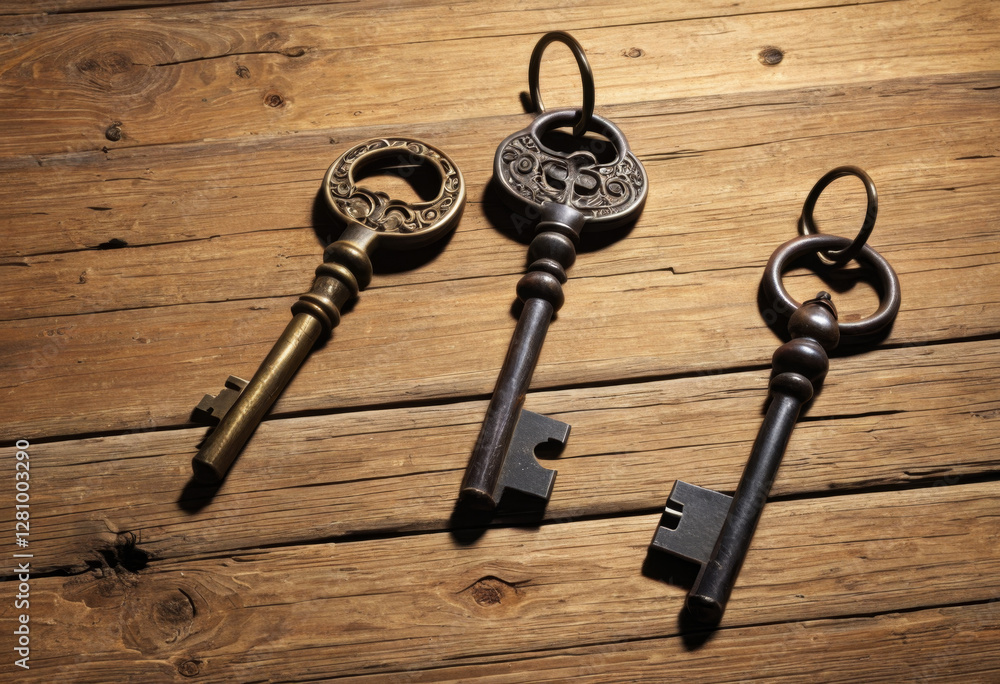 Three old keys on a weathered wooden table Three old keys on a weathered wooden table
