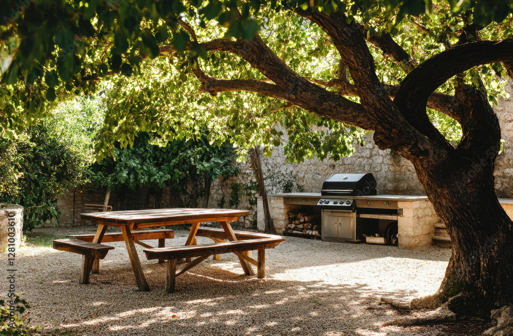 Enjoy a cozy outdoor kitchen featuring grills and a picnic area shaded by a tree, perfect for gatherings in a tranquil garden Enjoy a cozy outdoor kitchen featuring grills and a picnic area shaded by a tree, perfect for gatherings in a tranquil garden
