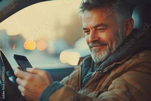Cheerful middle aged driver man texting on smartphone while driving, sitting in car inside, male with gps navigator application navigating automobile, Generative AI