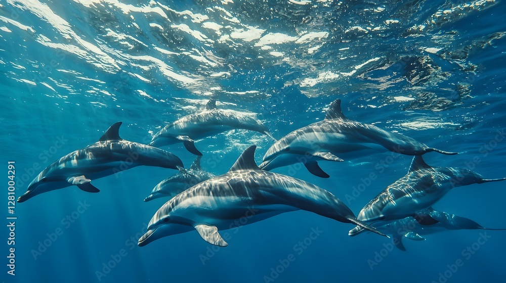 Naklejka premium Graceful Dolphins Swimming Underwater in Crystal Clear Ocean Water