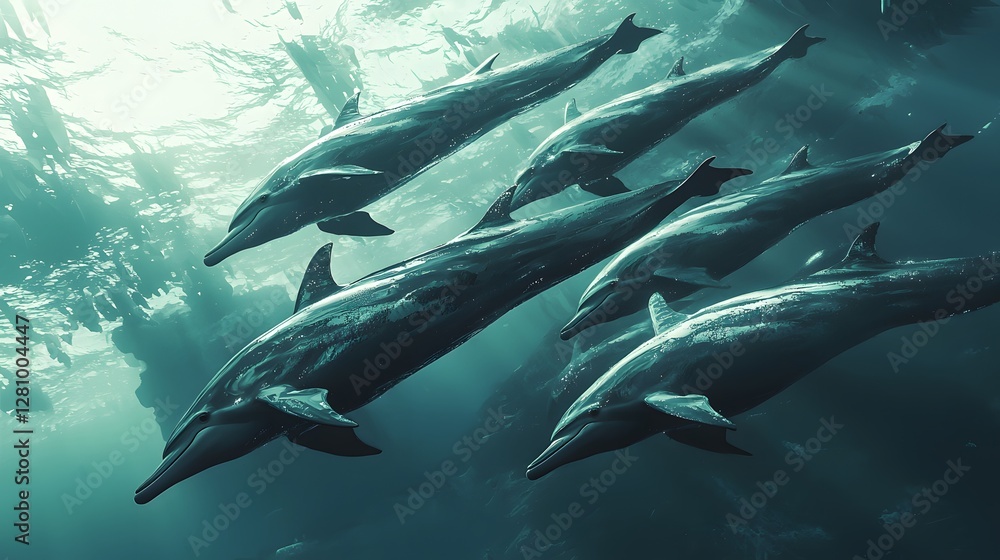 Obraz premium Group of Dolphins Swimming Gracefully Underwater in Ocean Light