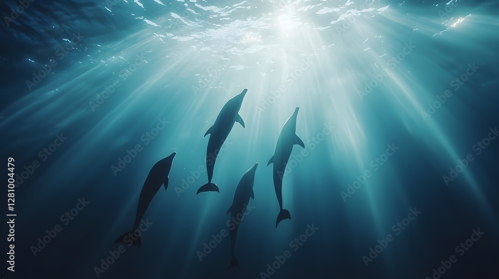 Obraz premium Graceful Dolphins Swimming Under Water with Sunlight Rays Above