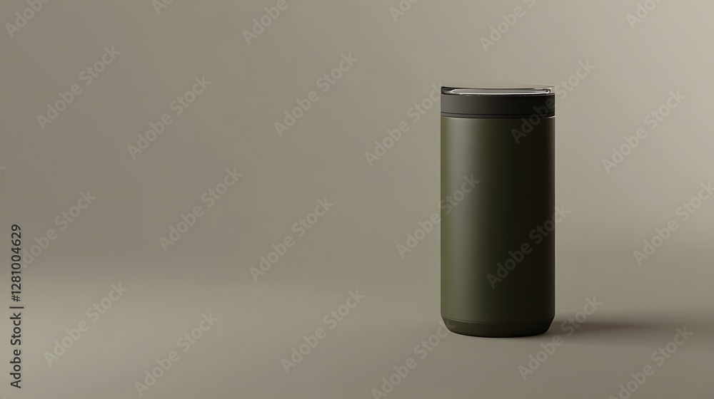 A sleek, dark green travel mug stands against a neutral background, ideal for beverages on the go. A sleek, dark green travel mug stands against a neutral background, ideal for beverages on the go.