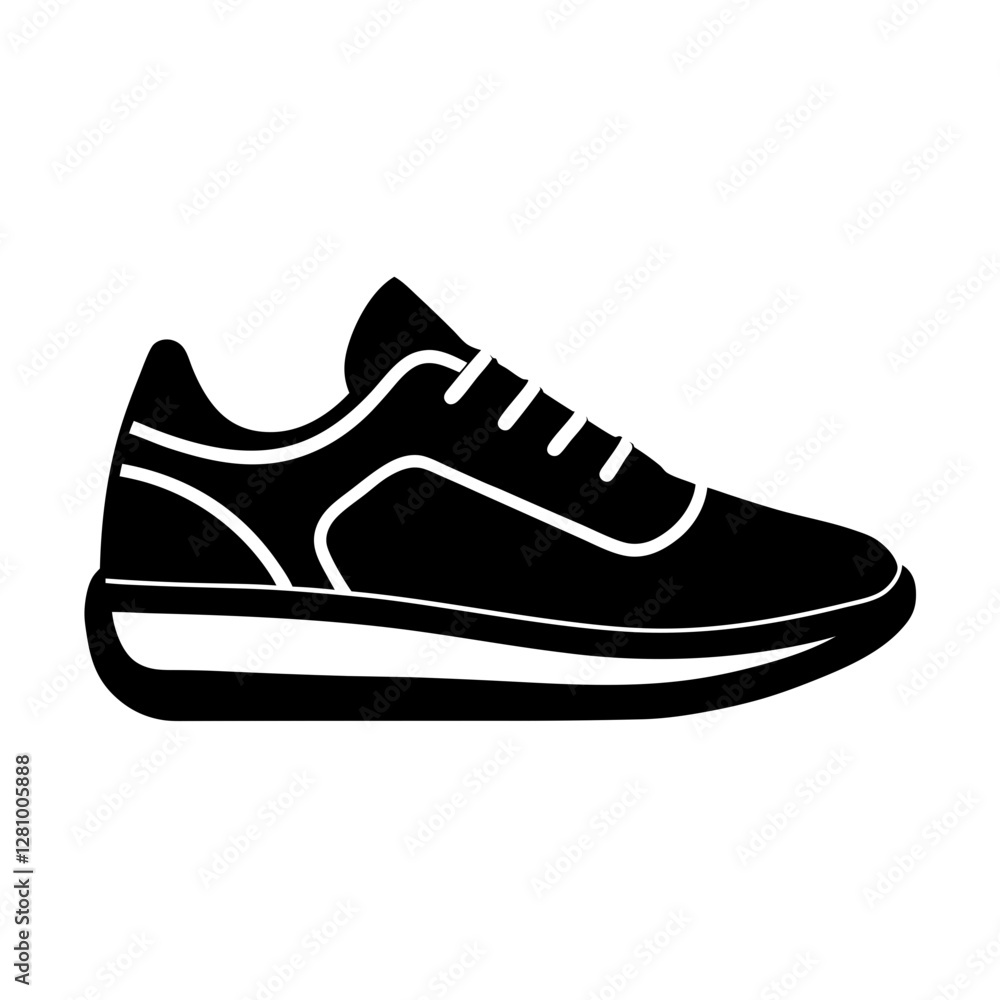 Stylized running sneaker icon simple flat silhouette on white background Stylized running sneaker icon simple flat silhouette on white background
