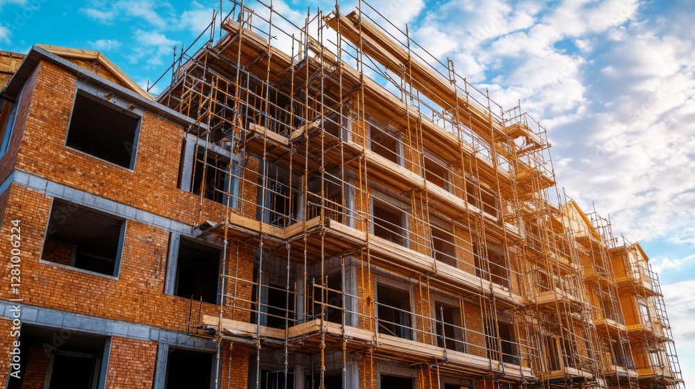 Brick building construction with scaffolding under blue sky Brick building construction with scaffolding under blue sky