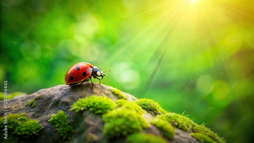Naklejka premium A ladybug ascends a moss-covered rock bathed in sunlight, a symbol of nature's resilience and the beauty of small things in a vibrant green ecosystem