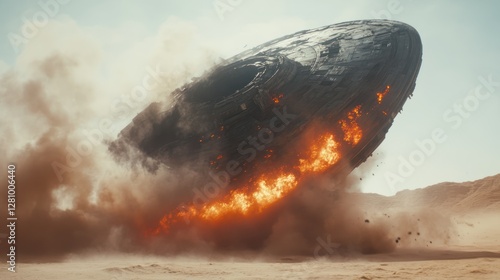 Fototapeta Naklejka Na Ścianę i Meble -  Crashing alien ship desert fiery explosion sci-fi film