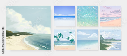 Set of beautiful summer tropical beach sea resort background design template for poster, flyer, web banner, cover, booklets and greeting card. Vector illustration